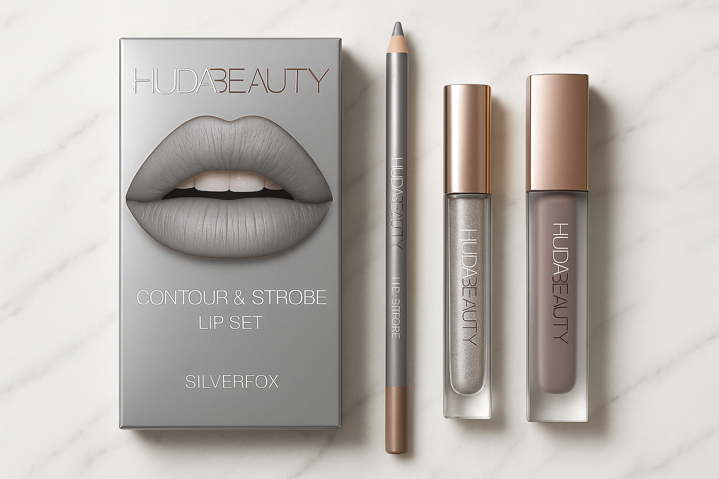 Huda Beauty Contour & Strobe Lip Set Silverfox | 3-Piece Kit