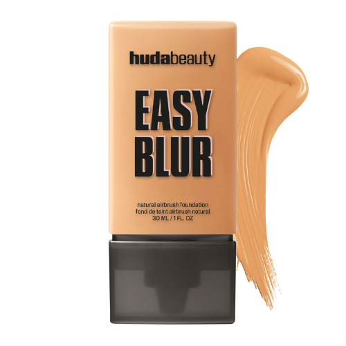 Huda Beauty Easy Blur foundation bottle with a swatch on a white background