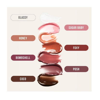 Lipstick shades with labels on a beige background
