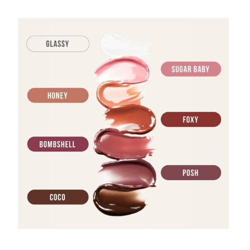 Lipstick shades with labels on a beige background