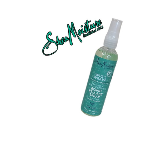 Shea Moisture wig and weave bonder release spray bottle on a white background