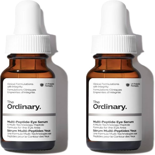 Two bottles of The Ordinary Multi-Peptide Eye Serum on a white background