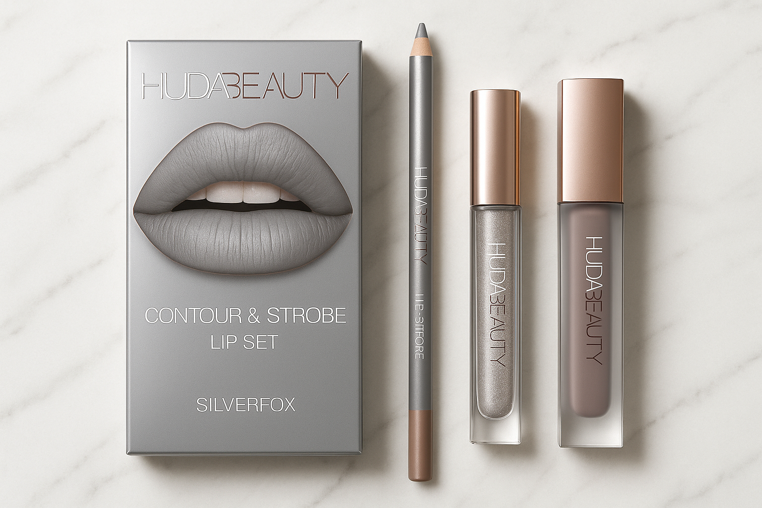 Huda Beauty Contour & Strobe Lip Set Silverfox | 3-Piece Kit