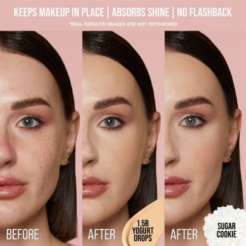 Before and after comparison of a woman's face with makeup products labeled '1.5B Yogurt Drops' and 'Sugar Cookie'.